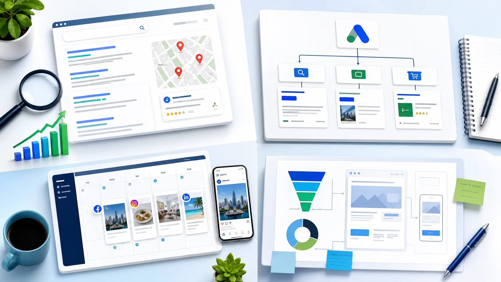 SEO, Google Ads, social media and marketing strategy visual